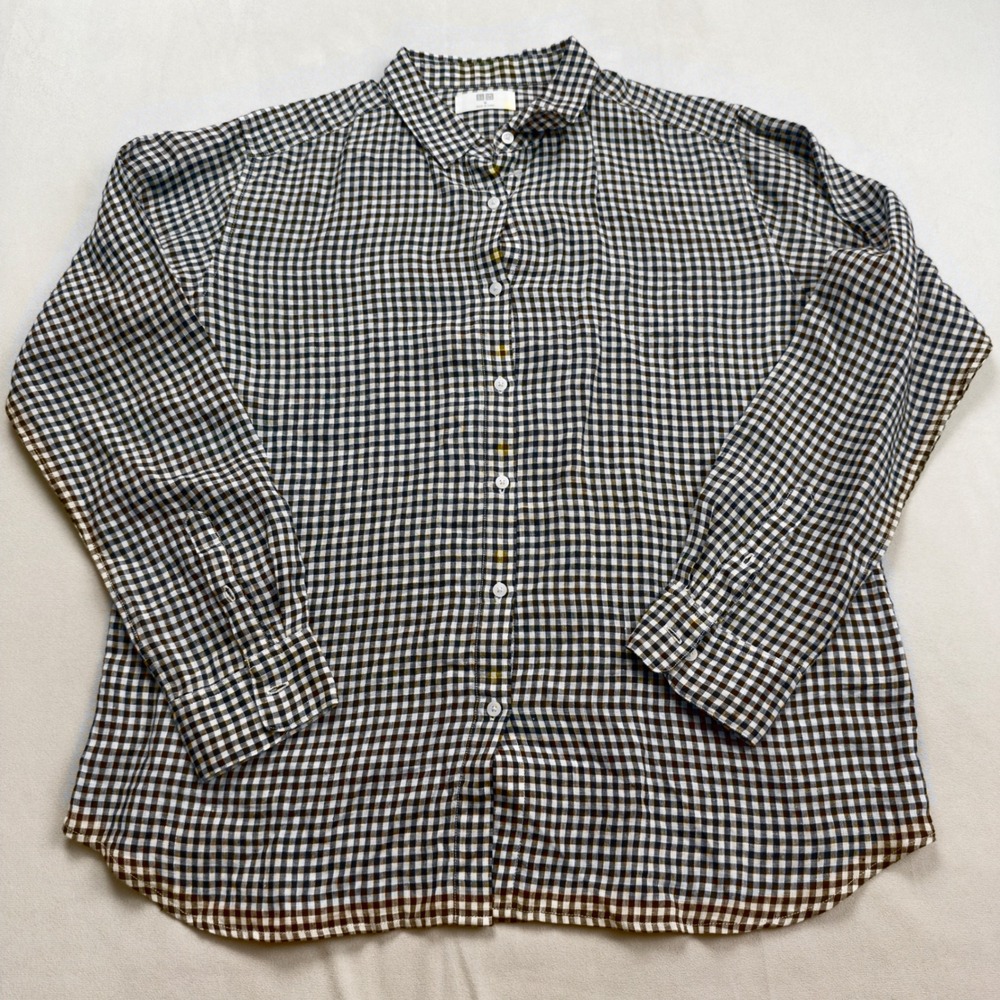 Uniqlo Women's Linen Gingham Check Long Sleeve Button Down‎ Shirt Size Medium